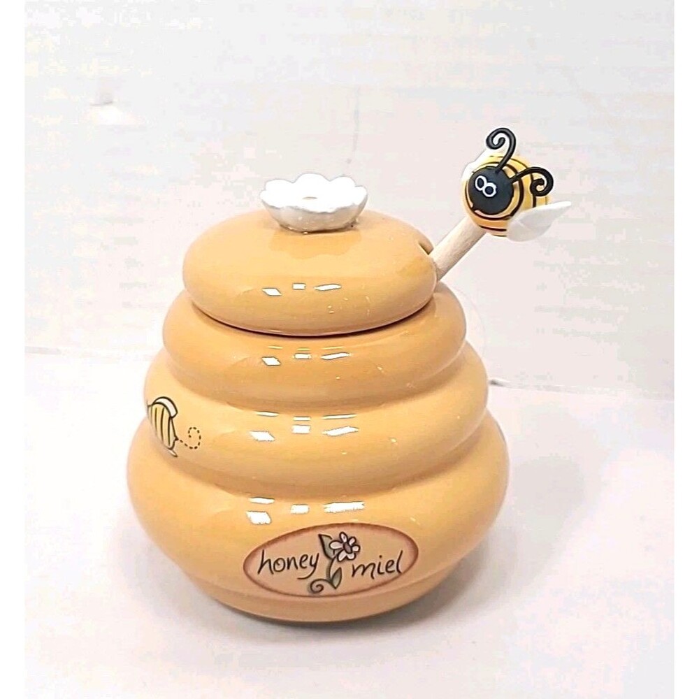 Mini Honey Pot Ceramic Jar & Wood Dipper Beehive Bee